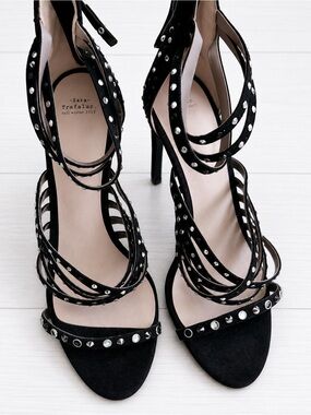 $99 Zara Black Studded Strappy High Heel Sandals Rhinestones U9